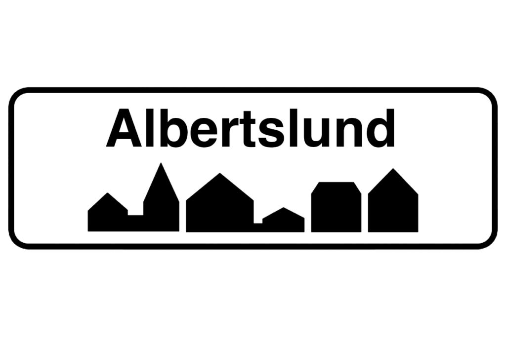 Byskilt med teksten "Albertslund" i fokus, der fremhæver bynavnet og understøtter vores lokale malerfirma i Albertslund.