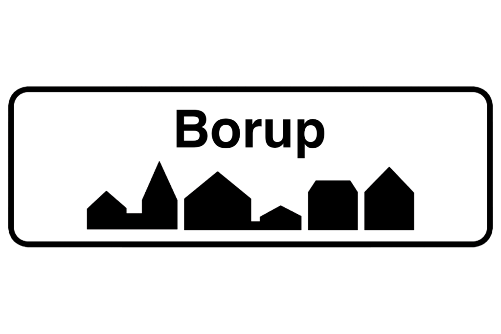 Byskilt med teksten "Borup" i fokus, der fremhæver bynavnet og understøtter vores malerfirma i Borup.