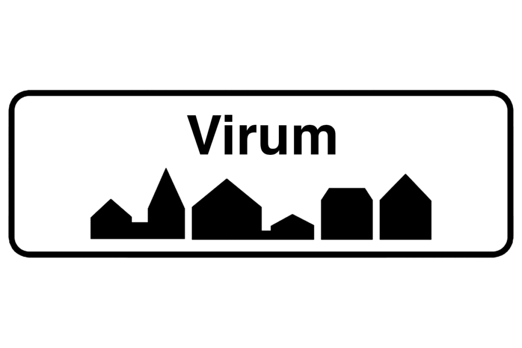 Byskilt med teksten "Virum" i fokus, der fremhæver bynavnet og understøtter vores malerfirma i Virum.